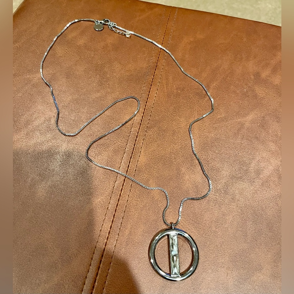White House Black Market Silver Necklace with Circular Crystal Pendant